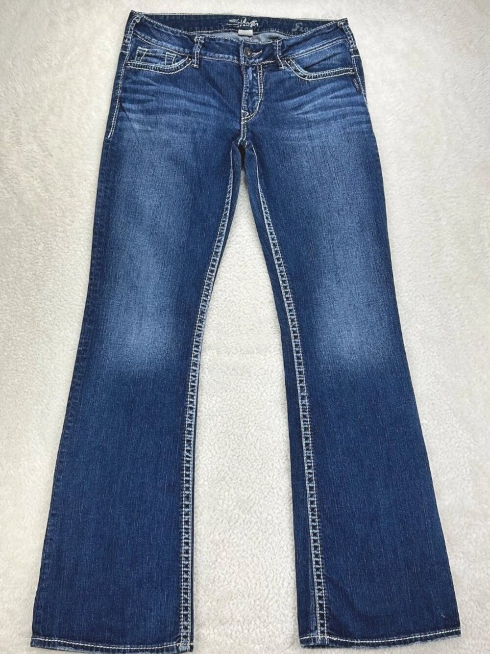 SILVER JEANS Frankie Boot Cut Jeans 29x33 Frayed Hem Blue Denim Flare Stretch